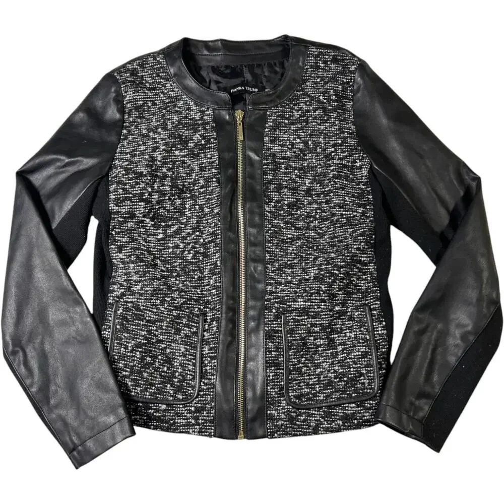 Ivanka Trump Tweed Faux Leather Jacket Black Zip Front Moto Blazer PS - Picture 1 of 8